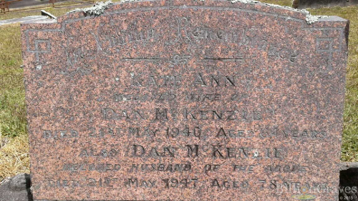 Photo of headstones/Kate Ann McKenzie nee McLennan d 1940 hdstn Waipu